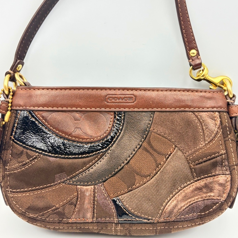 Vintage Coach Zoe Patchwork Y2K Mini Bag Metallic Gold Brown Top Handle Wristlet - Picture 4 of 15
